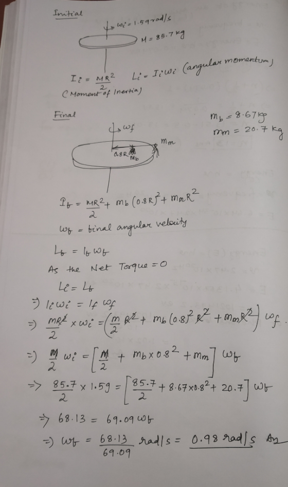 Initial Yo wis 1.5grads S M = 85.7kg I: - MR2 Li-Iiwi (angular momentum ( Moment of Inertia) Final do wf m₂ = 8.6718 mm = 20