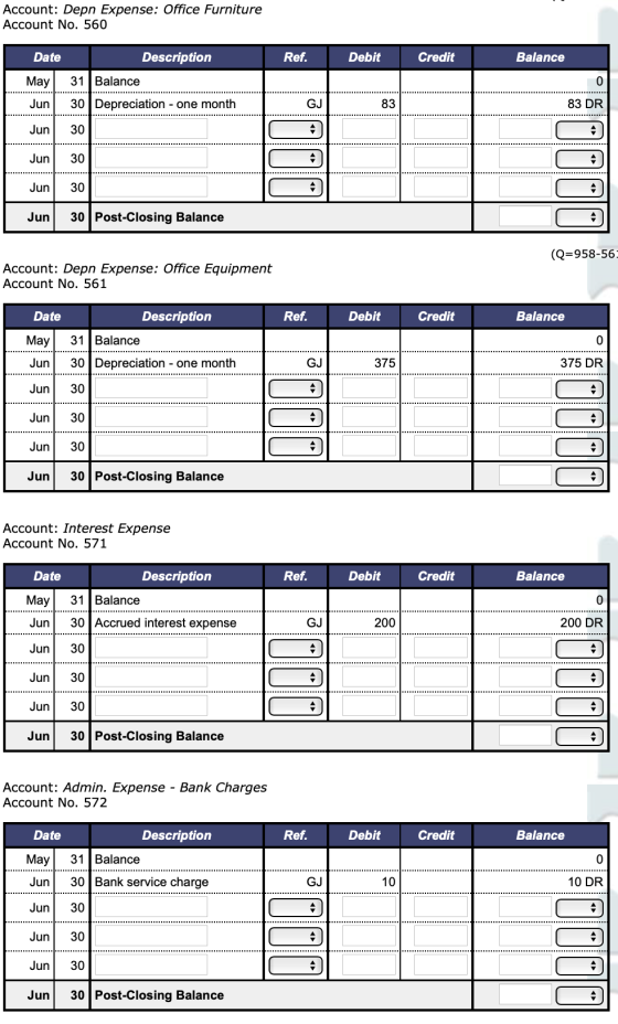 Account: Depn Expense: Office Furniture Account No. 560 Date Ref. Debit Credit Balance Description 31 Balance May Jun 30 Depr