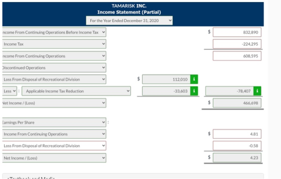 TAMARISK INC. Income Statement (Partial) For the Year Ended December 31, 2020 ncome From Continuing Operations Before Income