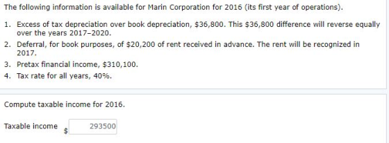 The following information is available for Marin Corporation for 2016 (its first year of operations). 1. Excess of tax deprec