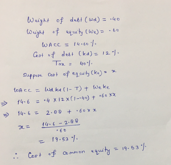 Weight of debt (wd) = .40 Weight of equity (We) = .60 WACC = 14.60% Cost of debt (kd) = 12%. Taxe - 40°). suppose Cost of equ