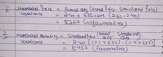 ľ Material Price Actual aty valliance = ㄷ (Acual frice-Standard Price) 2.1m x 635 units (2.60-2.40) $267 Curfavorable) Stenda
