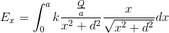 E_{x}=\int_{0}^{a}k\frac{\frac{Q}{a}}{x^{2}+d^{2}}\frac{x}{\sqrt{x^{2}+d^{2}}}dx