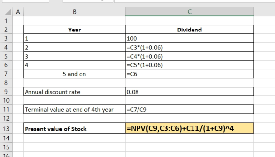 B Year Dividend 100 =C3*(1+0.06) =C4*(1+0.06) C5*(1+0.06) =C6 5 and on Annual discount rate 0.08 Terminal value at end of 4th