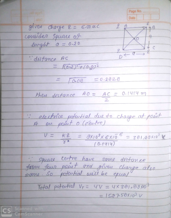 Page No. Date et given Charge q = 6.00 uc consider square of leught a = 0.20 - > distance AC = 10-2747102012 = [orde =0.2828