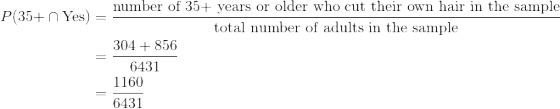 \begin{align*} P(\text{35+}\cap \text{Yes})&=\frac{\text{number of 35+ years or older who cut their own hair in the sample}}{\text{total number of adults in the sample}}\\ &=\frac{304+856}{6431}\\ &=\frac{1160}{6431} \end{align*}