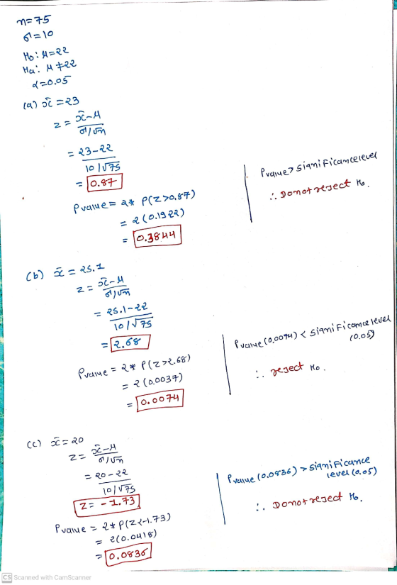 n=75 67=10 H): A૨૨ Hai M 822 d=0.05 1aoc=23 ocall 2 ollon = 23-22 10107S -0.87 Praline> significancelevel . Domot reject Mo.