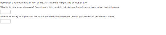 Hendersons Hardware has an ROA of 8%, a 5.5% profit margin, and an ROE of 17%. What is its total assets turnover? Do not rou