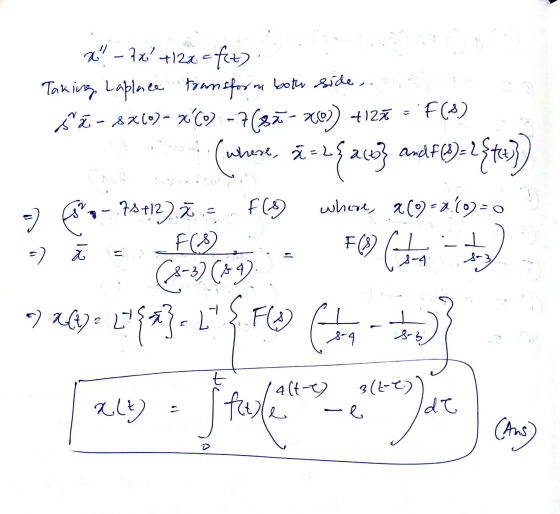 x -7x +122= fet) F (8) Taking Laplace transform both side and sã - 84(0)- %(0) - -7(87-40) +127 - where, ă=2 F (8) where, a