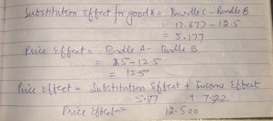 Substitution effect for good x = Bundle C - Bundle B - 17.677 - 12.5 = 5.177 Price Effect - Brodle A Budle B 25-125 = 125 Pr