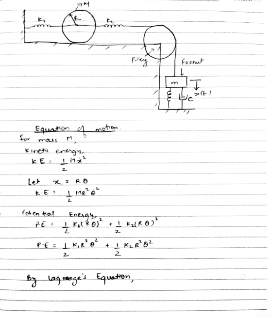 polley Fosinut I ault) Equation of motion maus for Kinetic energy, KE = 1 mx² 2 RO KE: MR² 0² 2 Potential PE : Energy 2 1 KRO