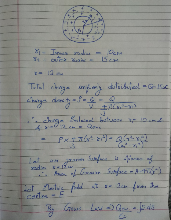 F + ++ ++ + ++ +1 +18 + ++ + + 8 = Inner radius 82= outer radius 10cm 15cm 8= 12cm Total charge uniformly distributed =Q= 15