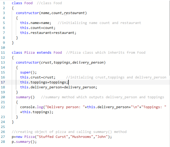 1 class Food //class Food 2 فهه 3 4 constructor (name, count, restaurant) { 5 6 this.name=name; //initializing name count and