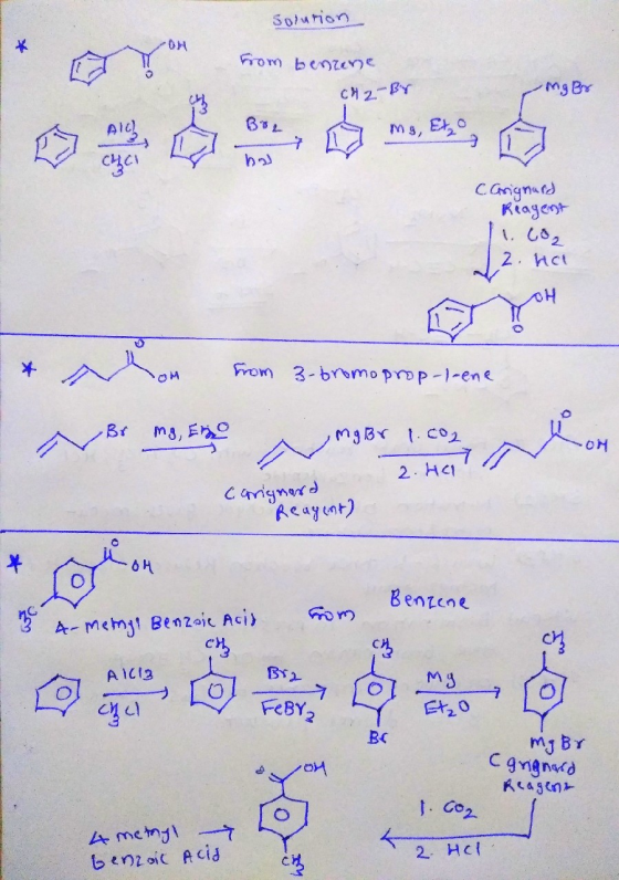 Solution * ON from benzene C42-Br mg Br mg, Etzo AIC Chci Carignard Reagent 1.602 2. hal OH OM from 3-bromoprop-l-ene Br OM m