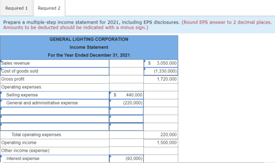 Required 1 Required 2 Prepare a multiple-step income statement for 2021, including EPS disclosures. (Round EPS answer to 2 de