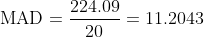 \text{MAD}=\frac{224.09}{20}=11.2043