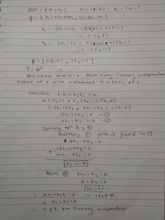 2-13 L-312 2. 2. We know dimvin Then evey lineor lh ind ependen Subset ot v coitb nmeot is bosis of v Consides ki Vit k1 ki (