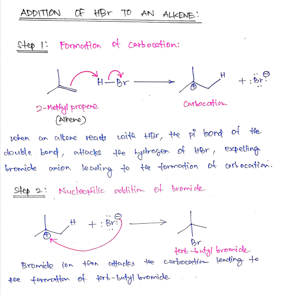 ADDITION of HBr TO AN ALKENE: Step 1: Formation of carbocation: H H- Br ti Bra 2-Methyl propene Carbocation (Alkene) rohen an