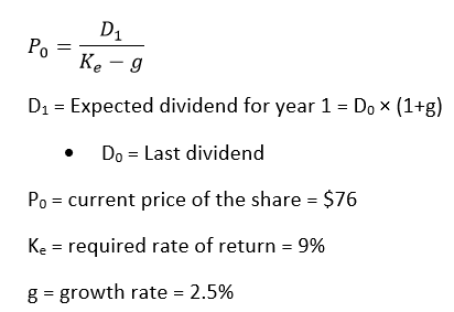 POK D1 -9 D1 = Expected dividend for year 1 = D. X (1+g) . Do = Last dividend Po= current price of the share = $76 Ke = requi