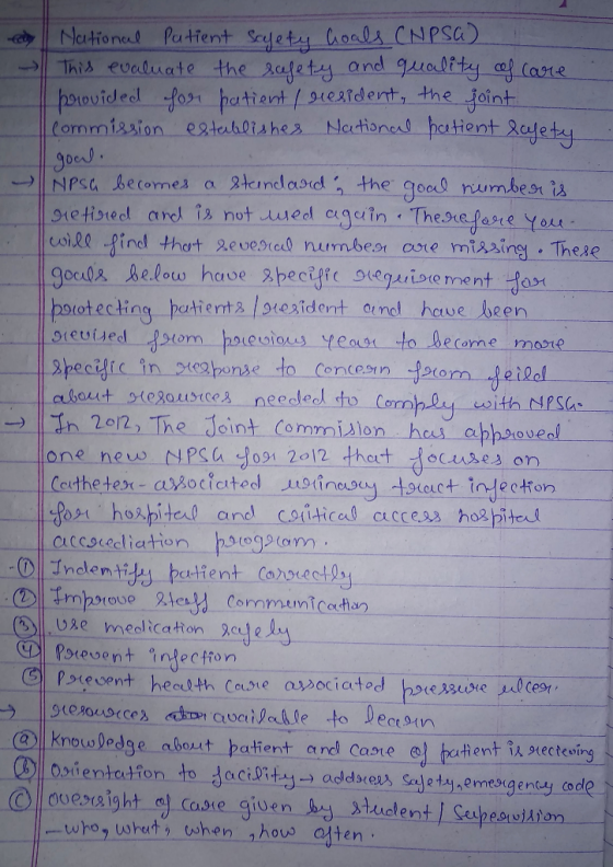 National Patient safety Goals CNPsa) This evaluate the safety and quality of care provided for patient / resident, the point