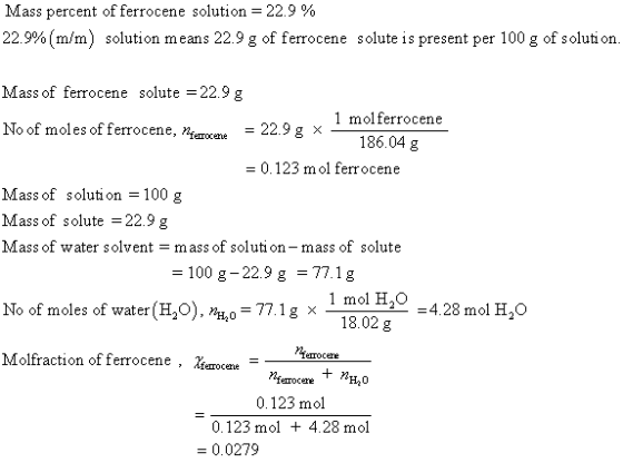 Mass percent of ferrocene solution-22.9 % 22.9%(m/m) solution means 22.9 g of ferrocene solute is present per 100 g of soluti