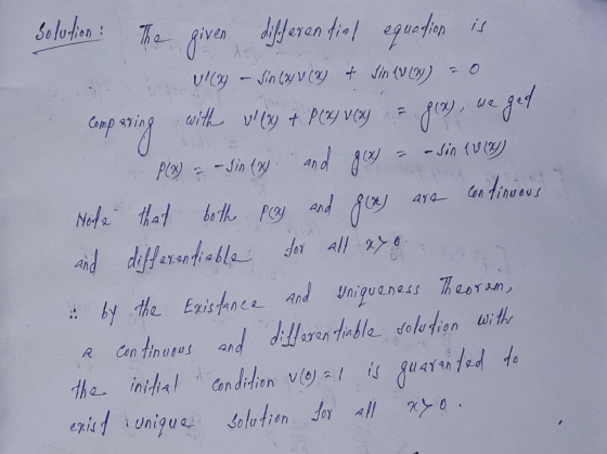solution: The given differential equation is VIC - Sin (x) v (8j + Jin (v (99) = 0 comparing with vi() + P(x) Very & gry, we