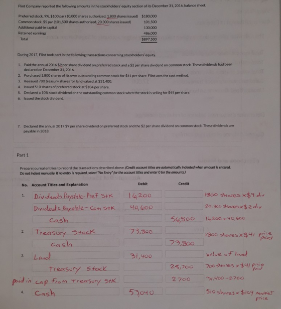 Flint Company reported the following amounts in the stockholders equity section of its December 31, 2016, balance sheet Pref
