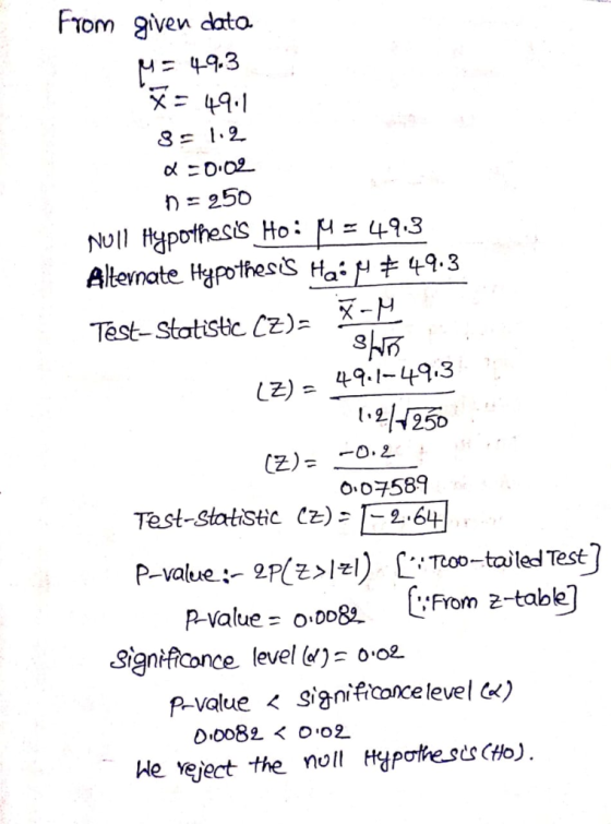 From given data M= 49.3 V = 49.1 8 = 1.2 a=0.02 D = 250 Noll Hypothess Ho: M = 49.3 Alternate Hypothesis Hai M$ 49.3 - Test-