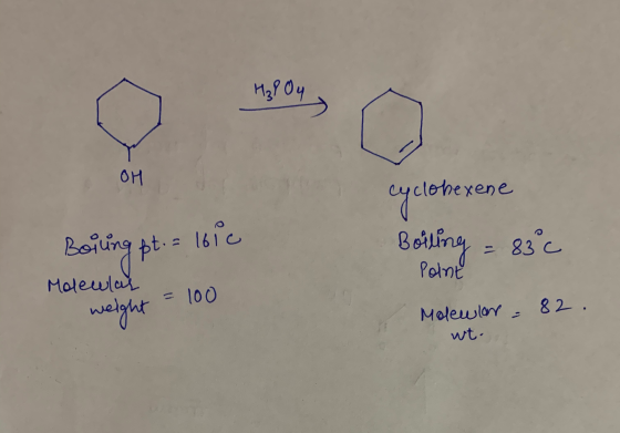 H₂PO4 OH cyclohexene Bolung ft. = 1610 Molewas Boiling = 83°C Point Molewlon = 82. wt. weight = 100