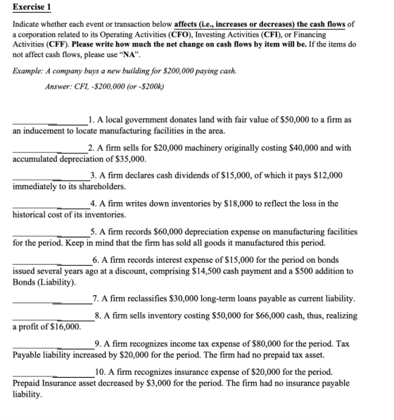 Exercise 1 Indicate whether each event or transaction below affects (i.e., increases or decreases) the cash flows of a corpor