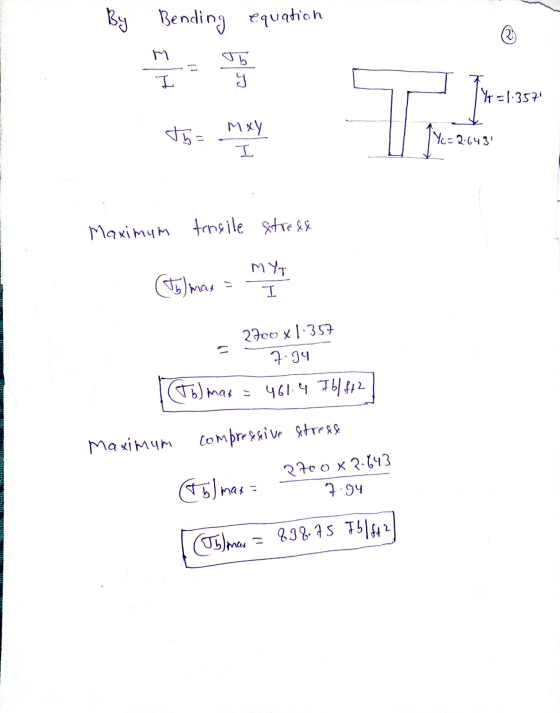 By Bending equation equation 1 Y = 1.357 _** to= mxy 2,6431 Maximum tensile stress (55) max = MYT MITMEHHEIMILITER 2700 x 1.3