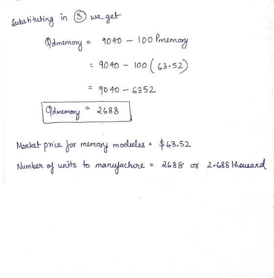 Substituting in * we get Odmemory = 9040 - 100 Pmemory = 9040 – 100 (63.52) = 9040 – 6352 Idmemony = 2688 non Market price fo