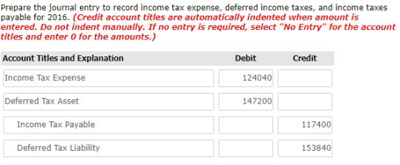 Prepare the journal entry to record income tax expense, deferred income taxes, and income taxes payable for 2016. (Credit acc