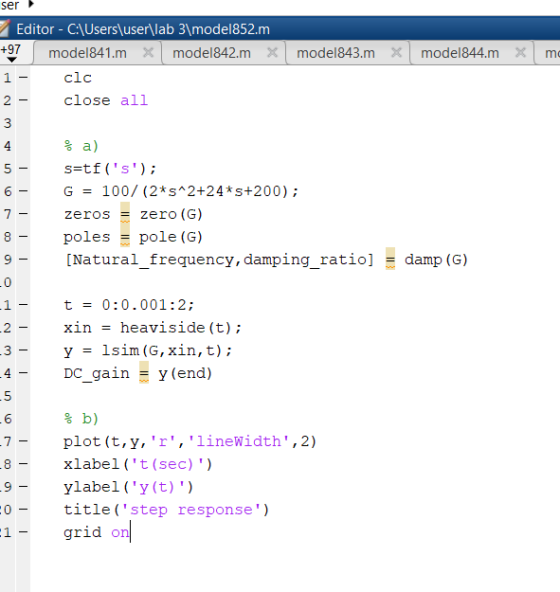 ser Editor - C:\Users\user\lab 3\model852.m +97 model841.m x model842.m Xmodel843.m X 1 - clc 2 - close all model844.m X md ن