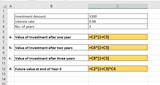 Investment Amount Interest rate No. of years 3300 0.08 6 a. Value of Investment after one year =C2*(1+C3) 8 b. Value of Inves