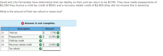 David and Lilly Fernandez have determined their tax liability on their joint tax return to be $1,745. They have made prepayme