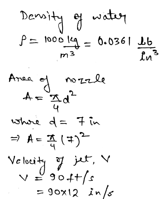 - Density of water po 1000kq = 0.0361 bb m3 Area of nozzle whore d= 7 in = A=415)2 Velocity of jet, v v goft/s =90x12 in/s