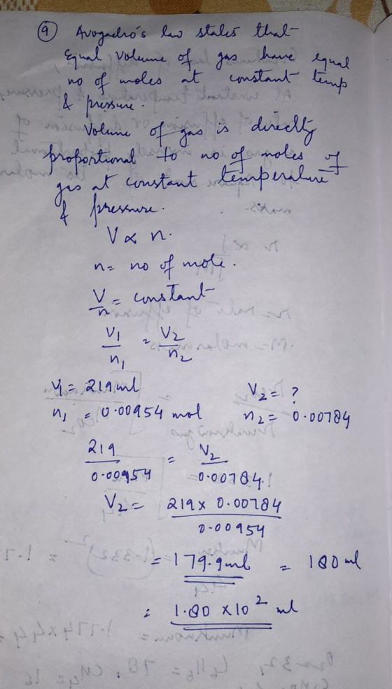 (a Avogadros law states that Equal volume of gas have egne no of moles at constant & pressure wat sonrlar DA Volume of gas i