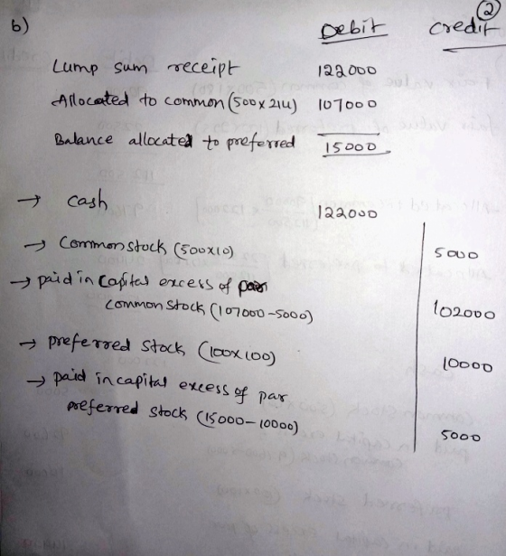 6) Debit credit Lump sum receipt 122000 Allocated to common (500 x 214) 107000 Balance allocated to preferred 15000 t cash 12
