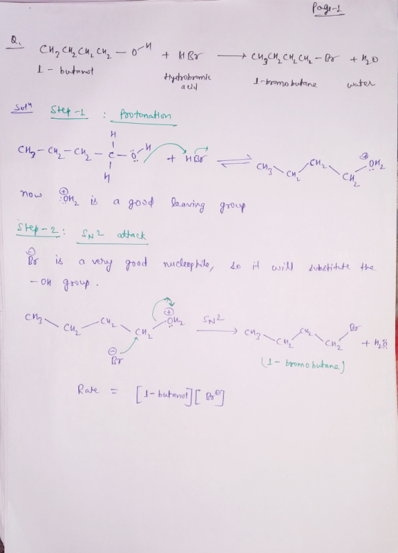 page-t o CH₂ CH₂ cu, cu I-butanot + HBr - + cu CH₂ CH₂ CH₂ - By tho Hydrobromic acid I bromo butane water prt : Protonation C