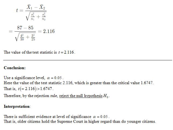 t=X1 - X, 87 - 85 = 2.116 V + The value of the test statistic is t = 2.116. Conclusion: Use a significance level, a = 0.05. H