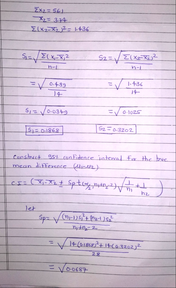 ŽX2=561 X = 3.74 {(x2-x2)2 - 1.436 Sny El X-X2 E(X2=X2,2 n- = V 0.489 0.489 = V 1.436 14 14 Si=10.0349 0.0349 0.1025 5,= 0.18