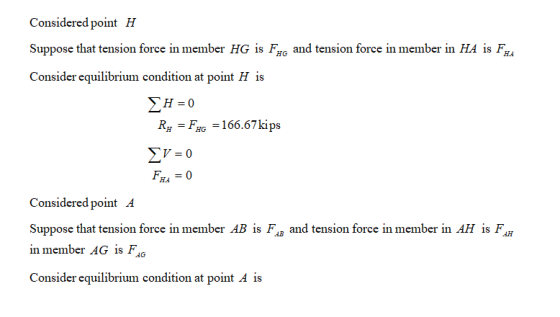 Considered point H Suppose that tension force in member HG is Fo and tension force in member in HA is Fz. Consider equilibriu