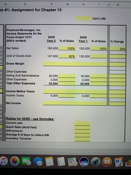 ab #1: Assignment for Chapter 13 input cells Piedmont Beverages, Inc. Income Statements for the Years Ended 12/31 (000s omit