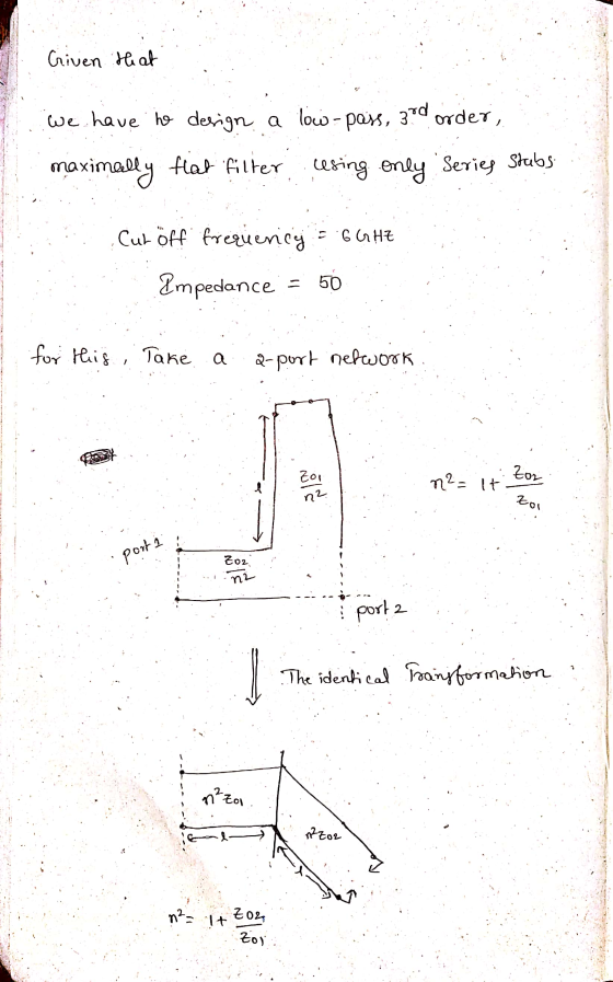 Griven that we have to design a low-pass, 3rd order, maximally flat filter using only Series Stubs = 6GHZ Cut öff frequency I