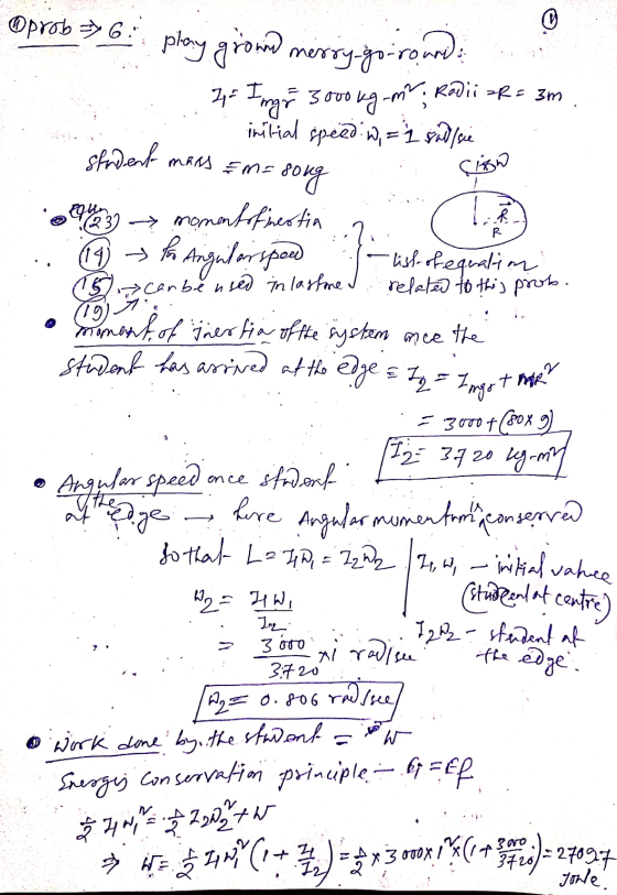 Oprob => 633 phong growd merry-go-romedi 2 Imgr 3000 kg-ml, Radii =R= 3m initial speed W, = 1 sadlie student mass &m=song Cig