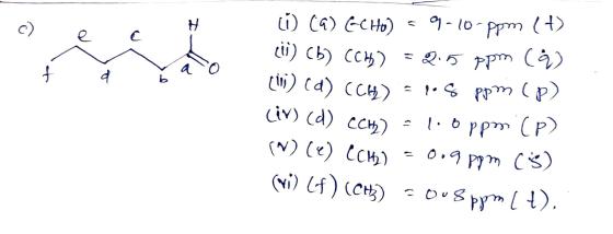 c) H е e с C f b (iii) (d) (CH) (iv) (d) CCH) o CQ) ECHO) = 9-10-ppm (+) (ii) Cb) CCH) = 0.5 ppm (9) = 9.8 ppm (P) =1.0 ppm (