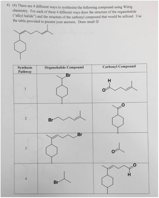 )(4) There are 4 different ways to synthesize the following compound using Wittig chemistry. For each of these 4 different wa