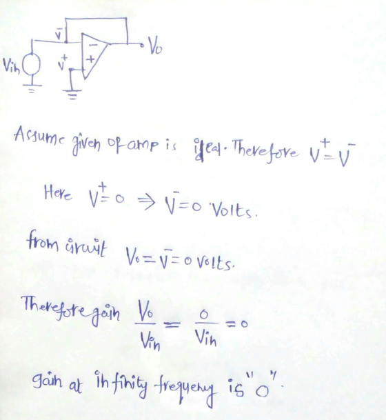 Therefore gain Vo V 7 Vin Assume given op amp is igjet- Therefore vt vi Here VEO → V=0 Volts. from gruit Vo=v=volts Vin Vin A