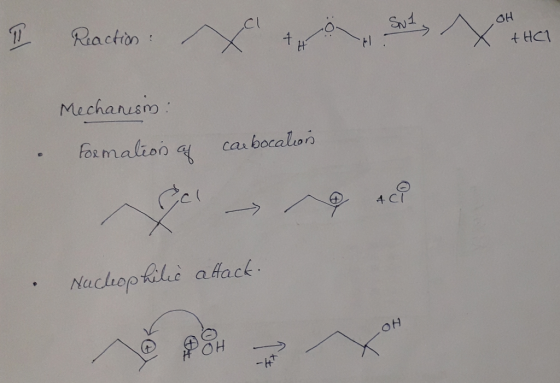 Reaction: SN1 OH +HC1 Mechanism : FoRmalion carbocalion Nucleophile affack.